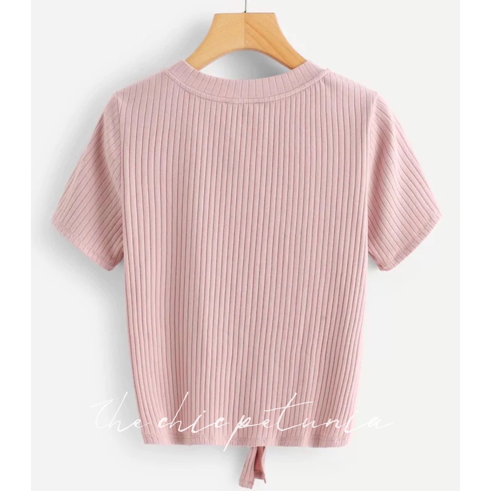 Plus pink short sleeve rib knit front knot tee - Picture 2 of 6
